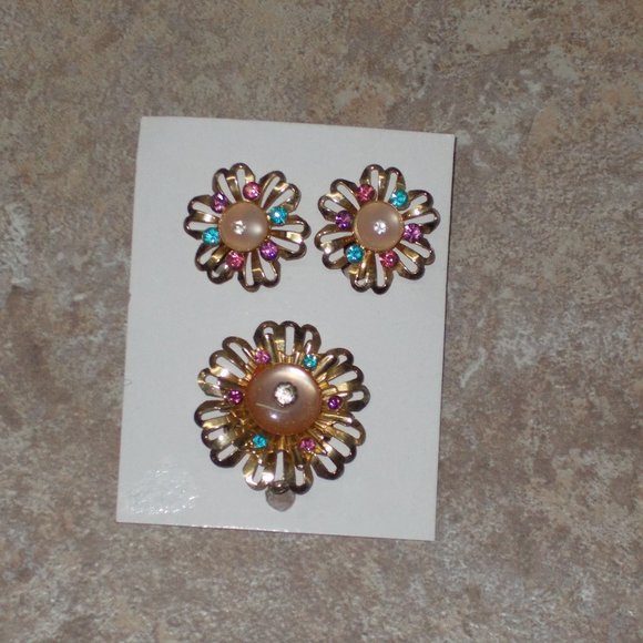 Jewelry - Gorgeous vintage screw on earrings and matching pin